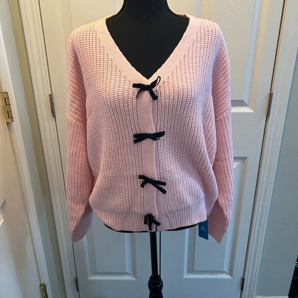 NWT Cupshe pink knit sweater, XL ,bow front, long sleeve, soft waffle knit